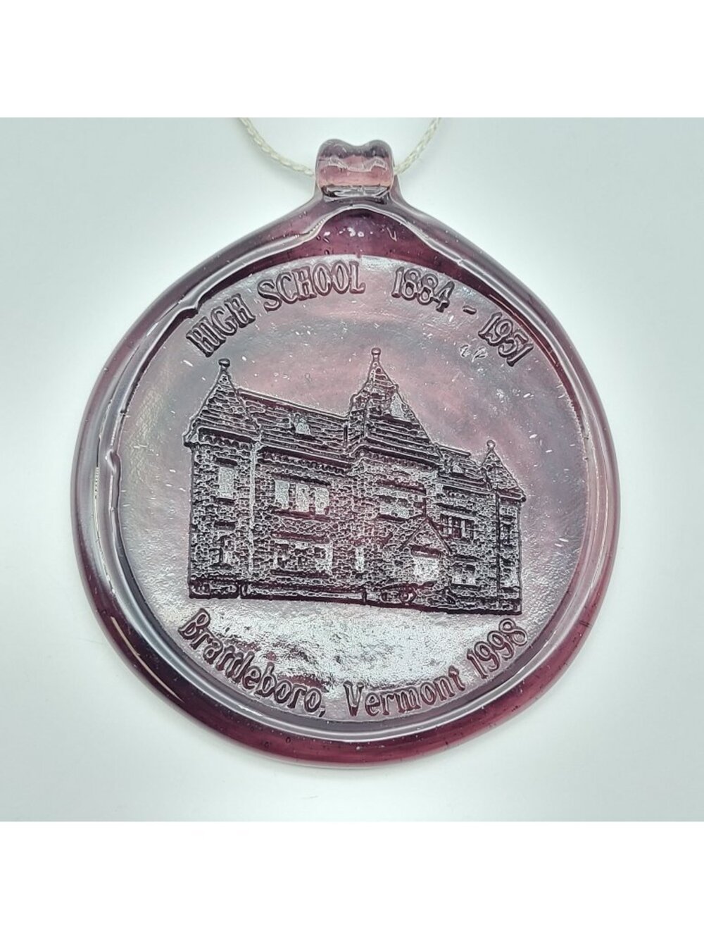 Vintage Brattleboro VT purple Glass Ornament 1998 High School Historic building